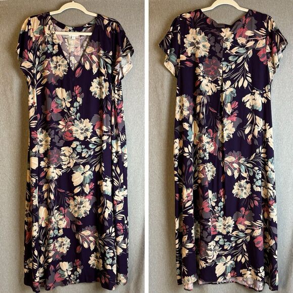 J. Jill Flowy Maxi‎ Dress Womens Large Tall Purple Floral Pullover V-Neck (0935) - Picture 1 of 15